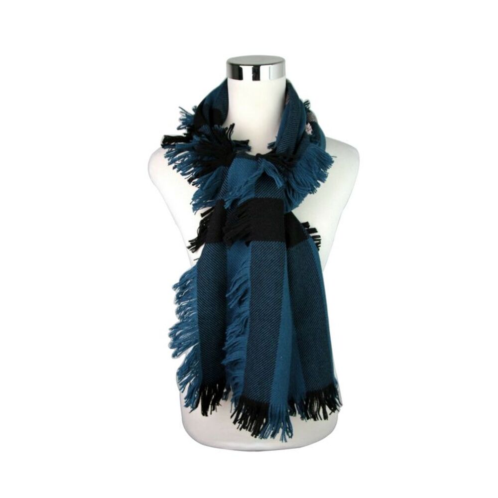 Burberry Women's Blue / Black Wool Fashion Scarf With Fringe And Pink Stripe - Picture 3 of 7